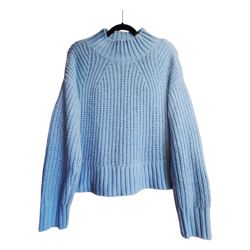 On 34th Blue Shimmer Mock Neck Sweater M Metallic Chunky Knit Sparkle Y2k Vibe